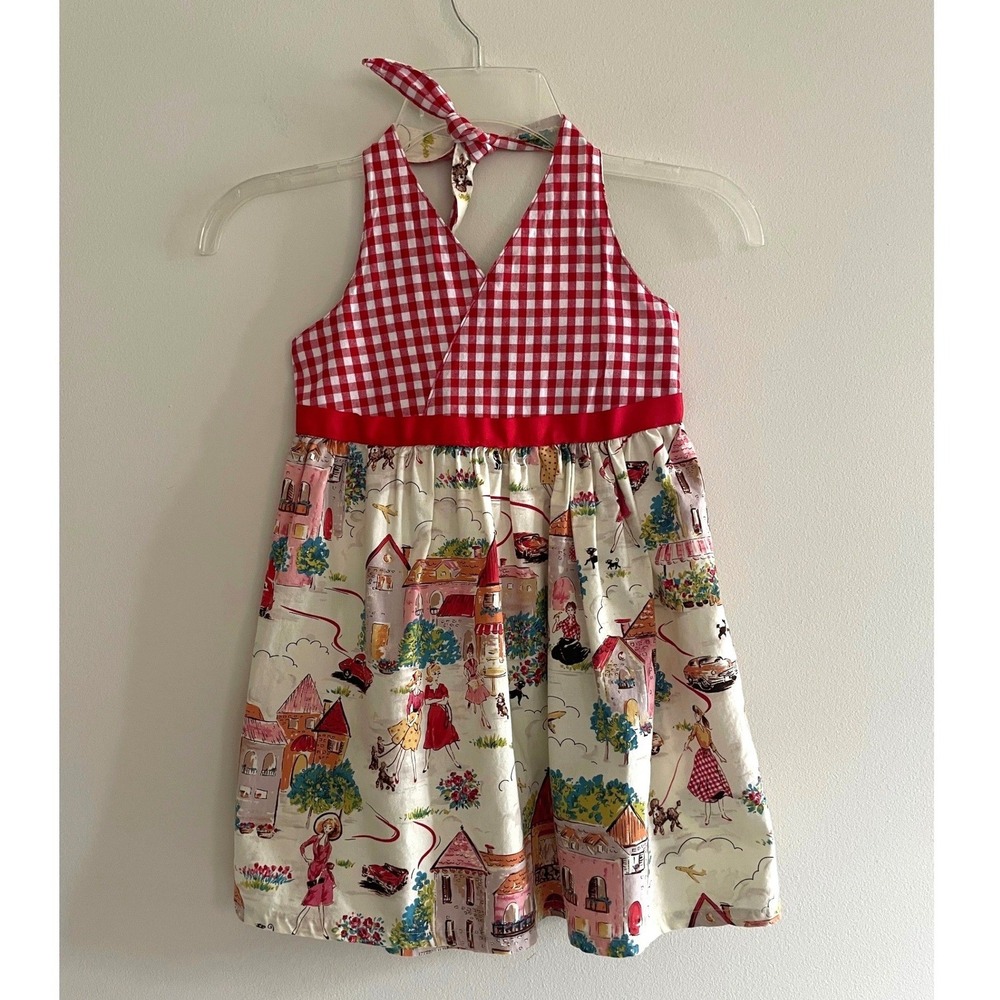 Beary Basics Girls Red Gingham Paris Village Print Halter Dress Size 5 USA Made